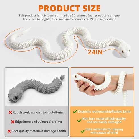 24inch Glow in the Dark 3D Printed Snake Toy, Flexible Snake Fidget Toy for ADHD Anxiety Stress Relief, Cool Desk Pet Animal that Glows at Night, Unique Birthday Gifts for Boys Girls in Saudi Arabia