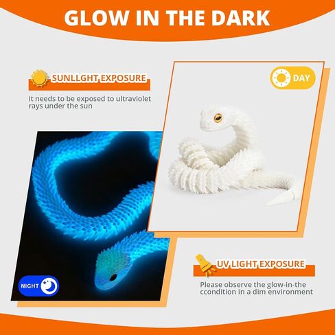24inch Glow in the Dark 3D Printed Snake Toy, Flexible Snake Fidget Toy for ADHD Anxiety Stress Relief, Cool Desk Pet Animal that Glows at Night, Unique Birthday Gifts for Boys Girls in Saudi Arabia