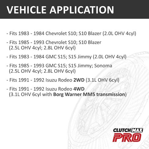 مجموعة القابض ClutchMaxPRO شديدة التحمل OEM متوافقة مع 1983-1993 Chevy S10 S10 Blazer GMC S15 S15 Jimmy Sonoma 1991 1992 Isuzu Rodeo 2WD 4WD 2.0L 2.5L 2.8L 3.1L (CP04130HD-CK) in Kuwait