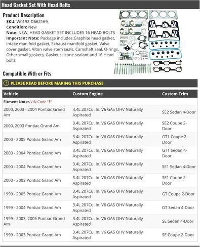 مجموعة حشية رأس الأسطوانة مع مسامير الرأس - متوافقة مع 1999-2005 بونتياك جراند آم (رمز VIN E) in Kuwait