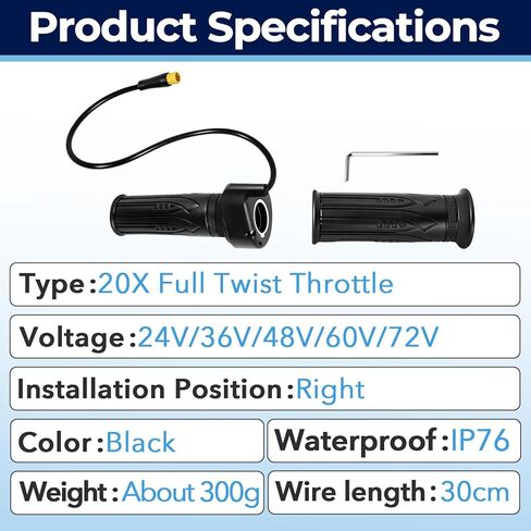 2Set 20X Full Twist Throttle Grips Kit with Waterproof Connecctor, 12V-72V, 22.2mm, 3 Pin Connecter E Bike Full Twist Throttle for Scooter, Full Twist Throttle for MacFox in Kuwait