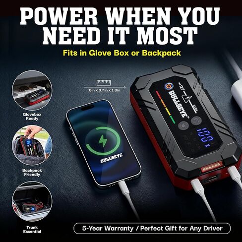 Bullseye Safety XL 1000A Car Battery Jump Starter Box with Jumper Cables, 12V Car Jump Starter Portable Booster for 6.0L Gas and 3.0L Diesel Engines, 2250 mAh Rechargeable, Reverse Polarity Protection in Saudi Arabia