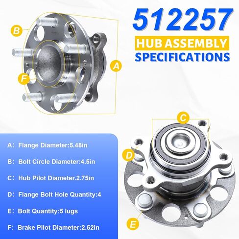 2PCS Rear Wheel Bearing Hub Assembly 512257 Compatible with 2006-2011 Honda Civic, Replace 42200-SNA-952 5 Lugs w/ABS in Kuwait