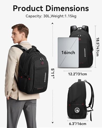 CROSSGEAR Ergonomic 30% Reduce Shoulder Strain, Large Work Backpack Fits 16 Inch Laptop, Lightweight Waterproof Laptop Backpack, Carry-On Friendly, Bookbag for Work Commute and Travel, Black in Saudi Arabia