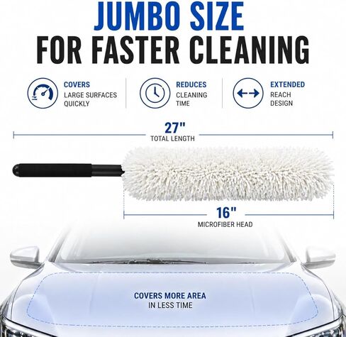 HI-TECH Industries Microfiber Jumbo Duster MFJD-1 - منفضة سيارة خالية من الخدوش مقاس 27 بوصة لحبوب اللقاح والغبار والحطام الخفيف، آمنة على طلاء الكروم والزجاج، وتتضمن حقيبة تخزين in Kuwait