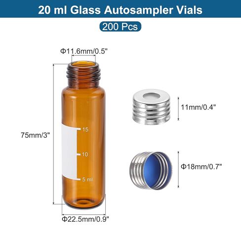 PATIKIL Headspace Vial, 200 Pack 20ml Borosilicate Glass Screw Top Precision Thread Vial with Writing Patch PTFE Silicone for headspace-GC, headspace-GC/MS, Amber in Saudi Arabia