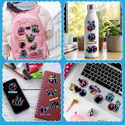 50PCS Neon Bowling Stickers Bowling Party Favors Birthday Party Decorations Vinyl Waterproof Stickers for Water Bottle Laptop Luggage Helmet in Saudi Arabia