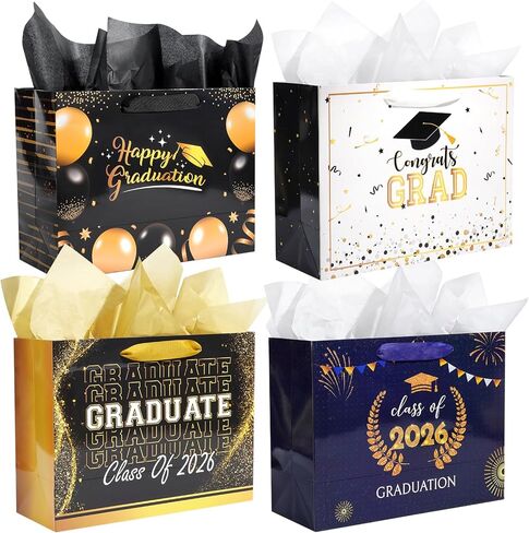 Nihuecne 13" Graduation Gift Bags with Tissue Paper, 4 Pack Paper Gift Bags with Handles for College & High School Graduates Grad Party, 4 Designs in Saudi Arabia
