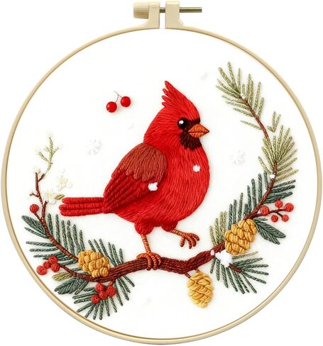 طقم تطريز Zhenqing Red Bird in Winter للمبتدئين، قماش قطني مطبوع مسبقًا مقاس 29x29 سم مع طوق 20 سم، يتميز بمخاريط الصنوبر والتوت وتصميم الثلج (C0213) in Kuwait