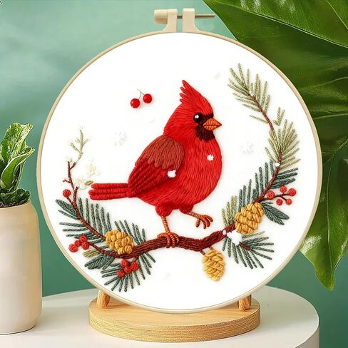طقم تطريز Zhenqing Red Bird in Winter للمبتدئين، قماش قطني مطبوع مسبقًا مقاس 29x29 سم مع طوق 20 سم، يتميز بمخاريط الصنوبر والتوت وتصميم الثلج (C0213) in Kuwait