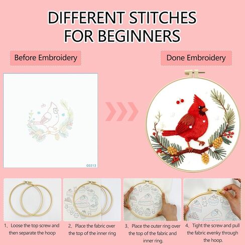 طقم تطريز Zhenqing Red Bird in Winter للمبتدئين، قماش قطني مطبوع مسبقًا مقاس 29x29 سم مع طوق 20 سم، يتميز بمخاريط الصنوبر والتوت وتصميم الثلج (C0213) in Kuwait