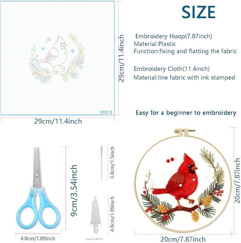 طقم تطريز Zhenqing Red Bird in Winter للمبتدئين، قماش قطني مطبوع مسبقًا مقاس 29x29 سم مع طوق 20 سم، يتميز بمخاريط الصنوبر والتوت وتصميم الثلج (C0213) in Kuwait