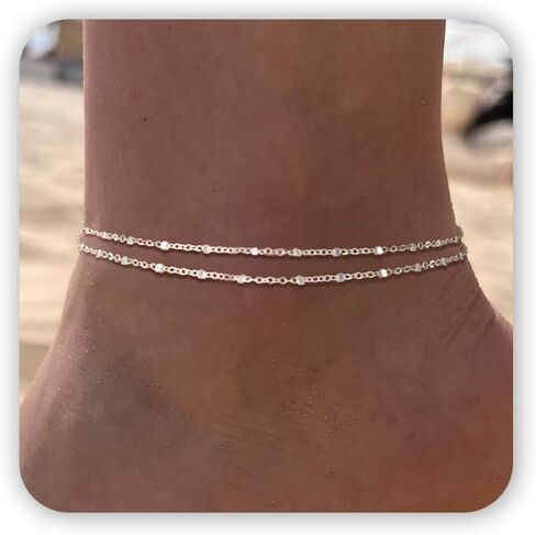 Sterling Silver Ankle Bracelets for Women: Dainty Layered Waterproof Anklet for Women Adjustable Womens Anklet Set Stackable Figaro Beaded Cuban Link Anklets Beach Jewelry for Women in Saudi Arabia