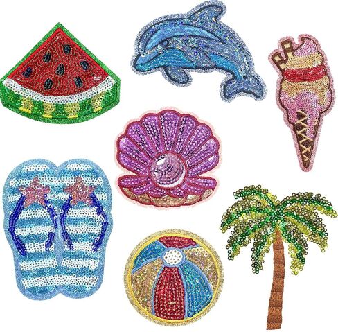 Totelux 7Pcs Summer Iron on Patches Sequins Coconut Tree Watermelon Embroidered Patches Cute Beach Slippers Dolphin Sew on Appliques for Clothes Jeans Hat Shirt Bags DIY Decorations Craft in Kuwait