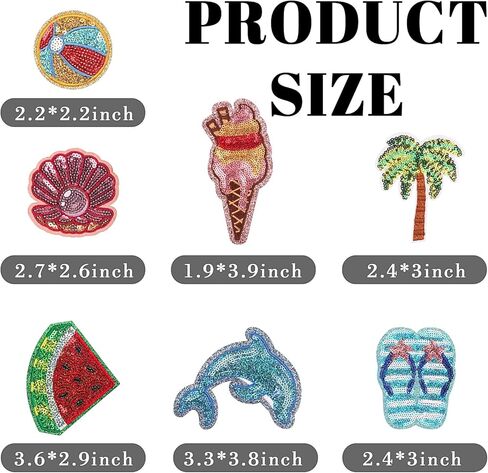 Totelux 7Pcs Summer Iron on Patches Sequins Coconut Tree Watermelon Embroidered Patches Cute Beach Slippers Dolphin Sew on Appliques for Clothes Jeans Hat Shirt Bags DIY Decorations Craft in Kuwait