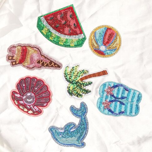 Totelux 7Pcs Summer Iron on Patches Sequins Coconut Tree Watermelon Embroidered Patches Cute Beach Slippers Dolphin Sew on Appliques for Clothes Jeans Hat Shirt Bags DIY Decorations Craft in Kuwait