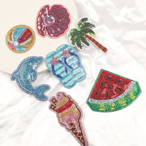 Totelux 7Pcs Summer Iron on Patches Sequins Coconut Tree Watermelon Embroidered Patches Cute Beach Slippers Dolphin Sew on Appliques for Clothes Jeans Hat Shirt Bags DIY Decorations Craft in Kuwait