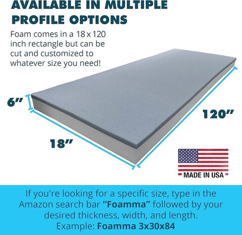 Foamma 6" x 18" x 120" Cooling Gel-Infused Memory Foam Cushion, High Density Foam Base, Medium Firm, Seat Replacement, Padding, Chair Cushion Square Foam, Dining Chairs, Wheelchair Cushion Replacement in Kuwait