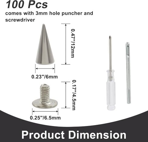 suiwotin 100 Sets 12mm Cone Spikes & Screwback Studs - Metal Punk Rivets for Leather Jackets, Boots | DIY Leathercraft with Installation Tool (Silver) in Kuwait