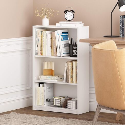 Furinno Jaya Book Shelf, 3-Tier Bookshelf, Bookcase with Adjustable Shelves, 9.5 x 24.5 x 40.3, for Organization and Storage, for Living Room, Bedroom, Home Office, White in Kuwait