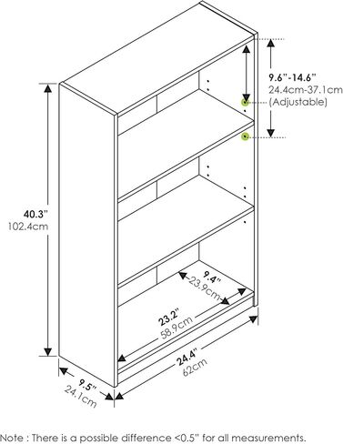 Furinno Jaya Book Shelf, 3-Tier Bookshelf, Bookcase with Adjustable Shelves, 9.5 x 24.5 x 40.3, for Organization and Storage, for Living Room, Bedroom, Home Office, White in Kuwait