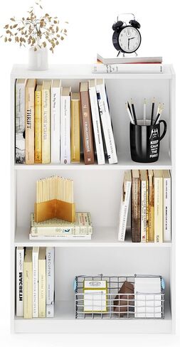 Furinno Jaya Book Shelf, 3-Tier Bookshelf, Bookcase with Adjustable Shelves, 9.5 x 24.5 x 40.3, for Organization and Storage, for Living Room, Bedroom, Home Office, White in Kuwait