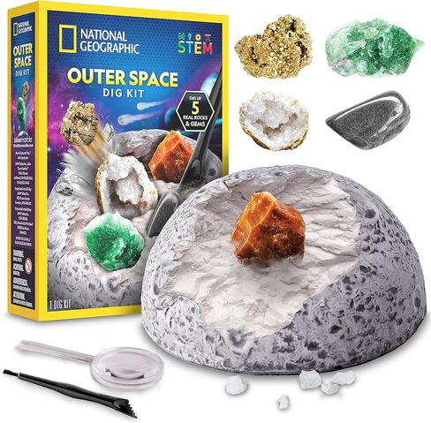 National Geographic Outer Space Dig Kit – Excavate 5 Real Rock & Gemstone Specimens | Includes Dig Brick, Excavation Tools, Magnifying Glass & Learning Guide, Fun Space-Themed STEM Activity for Kids in Kuwait