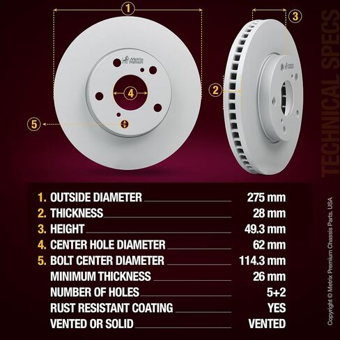 Metrix Premium Chassis Parts - Front Vented Brake Rotor 10.83 inch (275 mm) & D908 Ceramic Disc Brake Pad Set Kit Fits 2002-2006 Toyota Camry 2.4L, 3.0L| Made in Europe in Kuwait