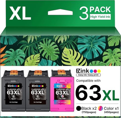 E-Z Ink 63XL Ink Cartridges Black and Color 3-Pack Replacement for HP Ink 63 for HP 63XL Ink Cartridge Combo Pack for Officejet 4650 3830 5255 5258 Envy 4520 4512 Deskjet 3630 3833 (2 Black, 1 Color) in Kuwait