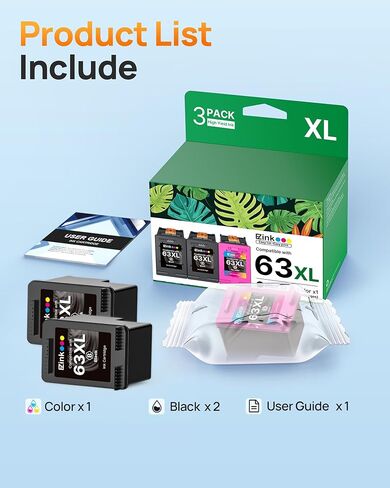 E-Z Ink 63XL Ink Cartridges Black and Color 3-Pack Replacement for HP Ink 63 for HP 63XL Ink Cartridge Combo Pack for Officejet 4650 3830 5255 5258 Envy 4520 4512 Deskjet 3630 3833 (2 Black, 1 Color) in Kuwait