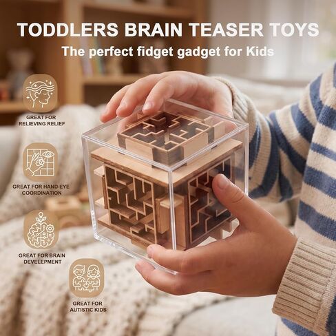 Fidget Brain Teaser Games for Kids: Wooden Puzzle Fidget Toy for Toddlers - Handheld Maze Puzzle Cube for Travel - 3D Labyrinth Game Road Trip Toys for Boys & Girls Ages 3-8 in Kuwait