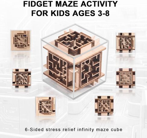Fidget Brain Teaser Games for Kids: Wooden Puzzle Fidget Toy for Toddlers - Handheld Maze Puzzle Cube for Travel - 3D Labyrinth Game Road Trip Toys for Boys & Girls Ages 3-8 in Kuwait