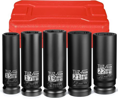 5 Pieces 1/2 inch Drive Deep Impact Socket Set, Metric,15mm 17mm 19mm 21mm 22mm,Cr-Mo,6-Point,Spindle Axle Nut Impact Socket in Saudi Arabia
