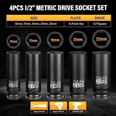 5 Pieces 1/2 inch Drive Deep Impact Socket Set, Metric,15mm 17mm 19mm 21mm 22mm,Cr-Mo,6-Point,Spindle Axle Nut Impact Socket in Saudi Arabia