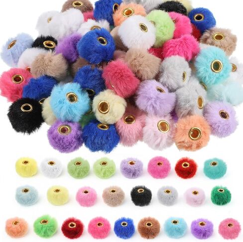 SULIKJHUI 70 Pcs Fuzzy Beads, 0.9 Inch Fluffy Focal Beads for Keychain Making, Soft Faux Fur Pom Poms for DIY Pens, Bracelets & Jewelry, Multicolor (23mm Diameter) in Kuwait