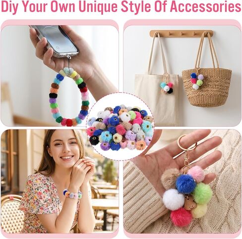 SULIKJHUI 70 Pcs Fuzzy Beads, 0.9 Inch Fluffy Focal Beads for Keychain Making, Soft Faux Fur Pom Poms for DIY Pens, Bracelets & Jewelry, Multicolor (23mm Diameter) in Kuwait