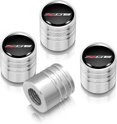 iPick Image for Chevrolet Corvette C7 Z06 Logo in Black on Silver Cylinder-Style Premium Aluminum Tire Valve Stem Caps - Official Licensed in Kuwait