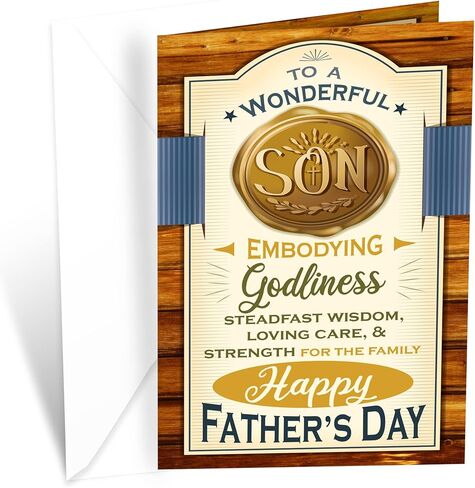 Prime Greetings Religious Son Father's Day Card, Made in America, Eco-Friendly, Thick Card Stock with Premium Envelope 5in x 7.75in, Packaged in Protective Mailer in Kuwait