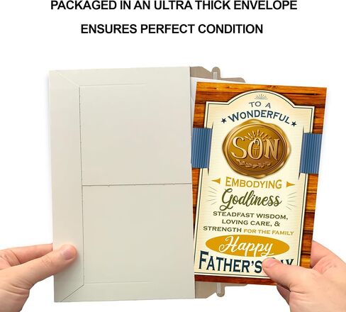 Prime Greetings Religious Son Father's Day Card, Made in America, Eco-Friendly, Thick Card Stock with Premium Envelope 5in x 7.75in, Packaged in Protective Mailer in Kuwait