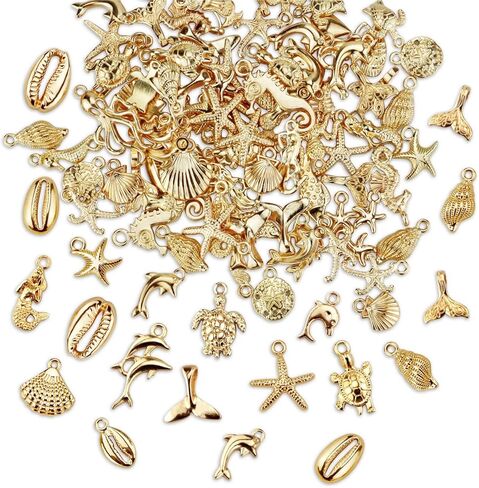 YETOOME 100 Pcs Ocean Beach Charms for Jewelry Making, Random Assorted KC Gold Seashells Fish Starfish Sea Animal Charms for Bracelets Necklaces Earrings Keychains and DIY Crafting in Kuwait