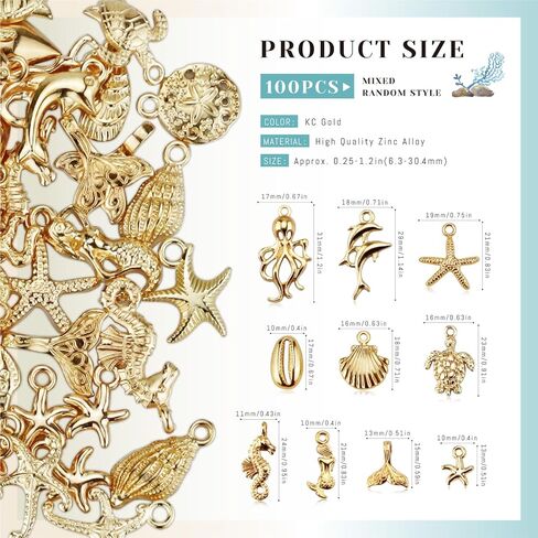 YETOOME 100 Pcs Ocean Beach Charms for Jewelry Making, Random Assorted KC Gold Seashells Fish Starfish Sea Animal Charms for Bracelets Necklaces Earrings Keychains and DIY Crafting in Kuwait