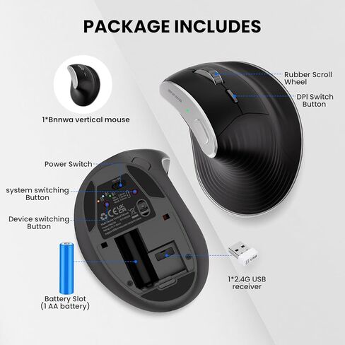 Wireless Vertical Ergonomic Mouse, Multi-Device(Bluetooth + 2.4G Connection), 4 Adjustable DPI, 7 Buttons Computer Mouse for PC, Laptop, Desktop, MacBook - White in Saudi Arabia