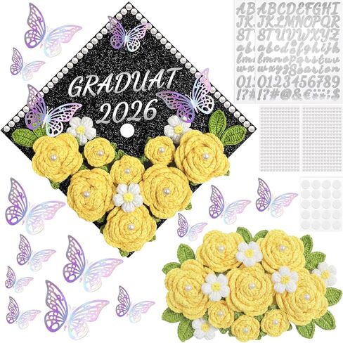 Gersoniel 30 Pcs Crochet Flower Graduation Cap Decoration Kit, Artificial Crochet Rose with Glitter Construction Paper Faux Daisy Pearl Letter Sticker for Grad Hat Topper Cover Craft Gift(Pink) in Kuwait