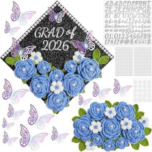 Gersoniel 30 Pcs Crochet Flower Graduation Cap Decoration Kit, Artificial Crochet Rose with Glitter Construction Paper Faux Daisy Pearl Letter Sticker for Grad Hat Topper Cover Craft Gift(Pink) in Kuwait