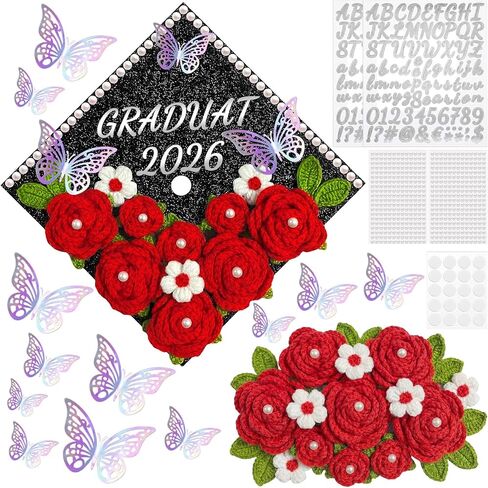 Gersoniel 30 Pcs Crochet Flower Graduation Cap Decoration Kit, Artificial Crochet Rose with Glitter Construction Paper Faux Daisy Pearl Letter Sticker for Grad Hat Topper Cover Craft Gift(Pink) in Kuwait