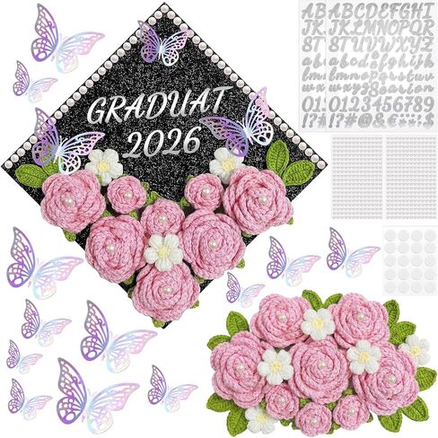Gersoniel 30 Pcs Crochet Flower Graduation Cap Decoration Kit, Artificial Crochet Rose with Glitter Construction Paper Faux Daisy Pearl Letter Sticker for Grad Hat Topper Cover Craft Gift(Pink) in Kuwait