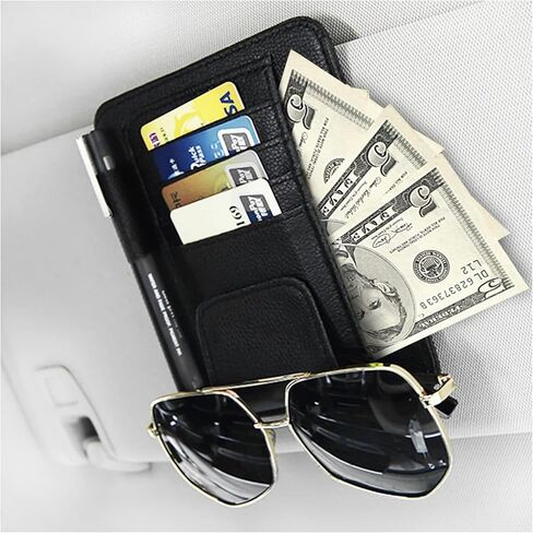 Car Sun Visor Organizer, PU Leather Auto Visor Storage Pouch with Card Slots & Glasses Holder, Easy Clamp Installation for Car Interior Organization (Black) in Kuwait