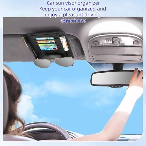 Car Sun Visor Organizer, PU Leather Auto Visor Storage Pouch with Card Slots & Glasses Holder, Easy Clamp Installation for Car Interior Organization (Black) in Kuwait