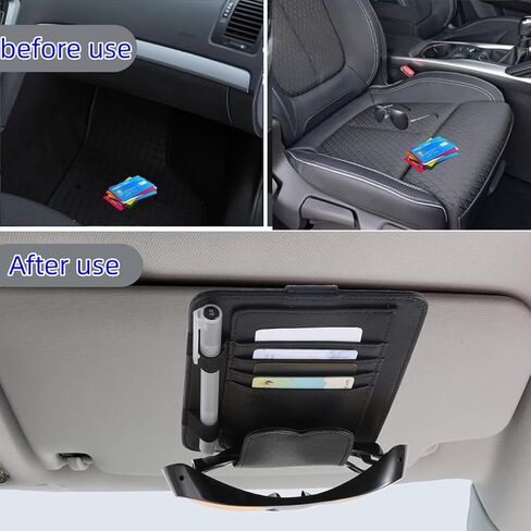 Car Sun Visor Organizer, PU Leather Auto Visor Storage Pouch with Card Slots & Glasses Holder, Easy Clamp Installation for Car Interior Organization (Black) in Kuwait