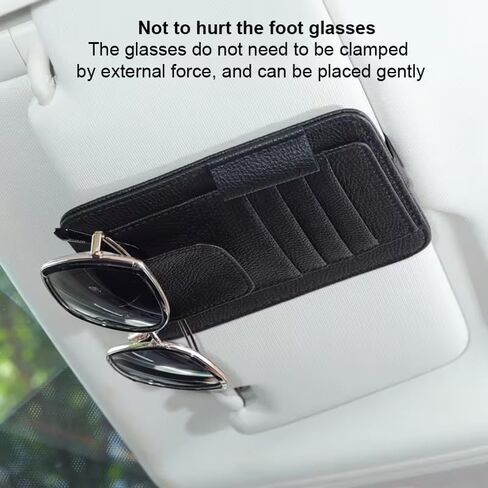 Car Sun Visor Organizer, PU Leather Auto Visor Storage Pouch with Card Slots & Glasses Holder, Easy Clamp Installation for Car Interior Organization (Black) in Kuwait